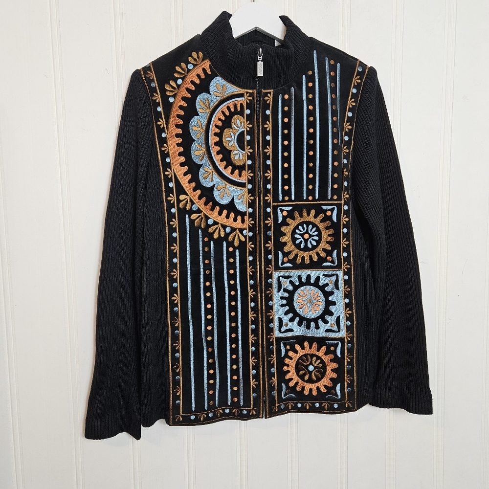 Bob Mackie Wearable Art Embroidered Black Suede Leather Full-Zip Jacket Womens M - Picture 3 of 16